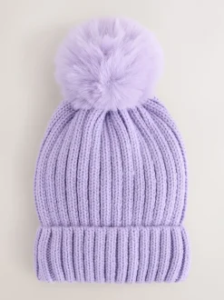 Lila-paars - Geribbelde beanie-muts met pompon (3mnd -16jr)