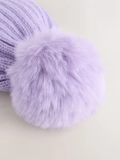 Lila-paars - Geribbelde beanie-muts met pompon (3mnd -16jr)