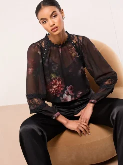 Lipsy Floral Lace Insert Sheer Blouse