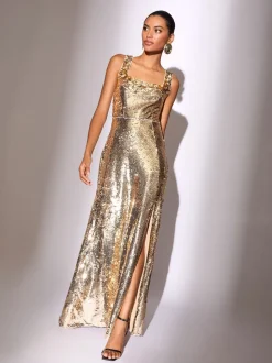 Lipsy Premium Flower Trim Sequin Square Neck Maxi Dress