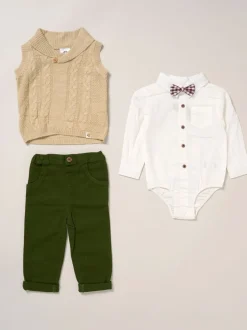 Little Gent True Knit Vest, Bodysuit, Trousers and Bow Tie Brown Set