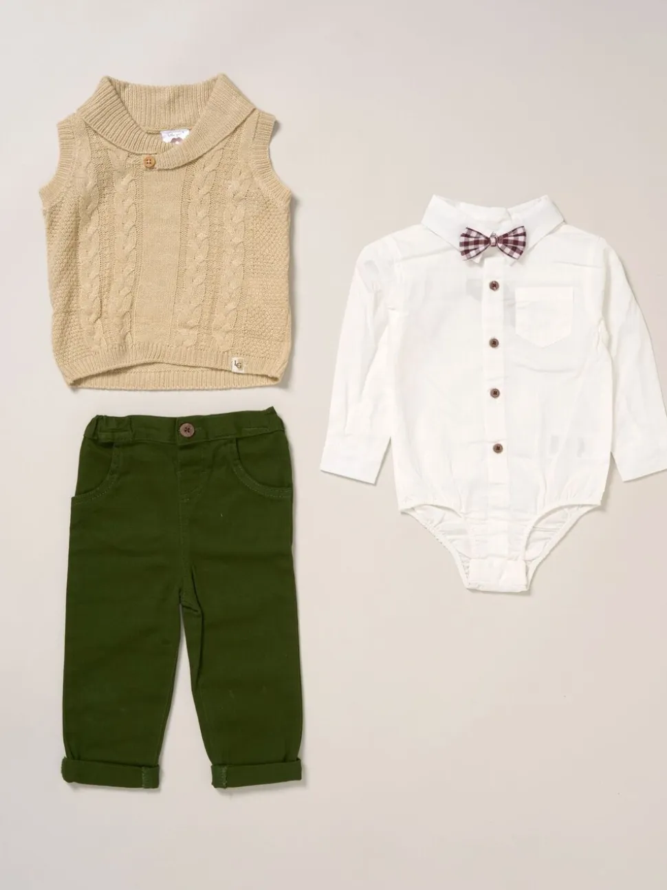 Little Gent True Knit Vest, Bodysuit, Trousers and Bow Tie Brown Set