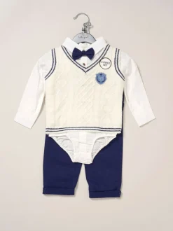 Little Gent True Knit Vest, Bodysuit, Trousers and Bow Tie White Set