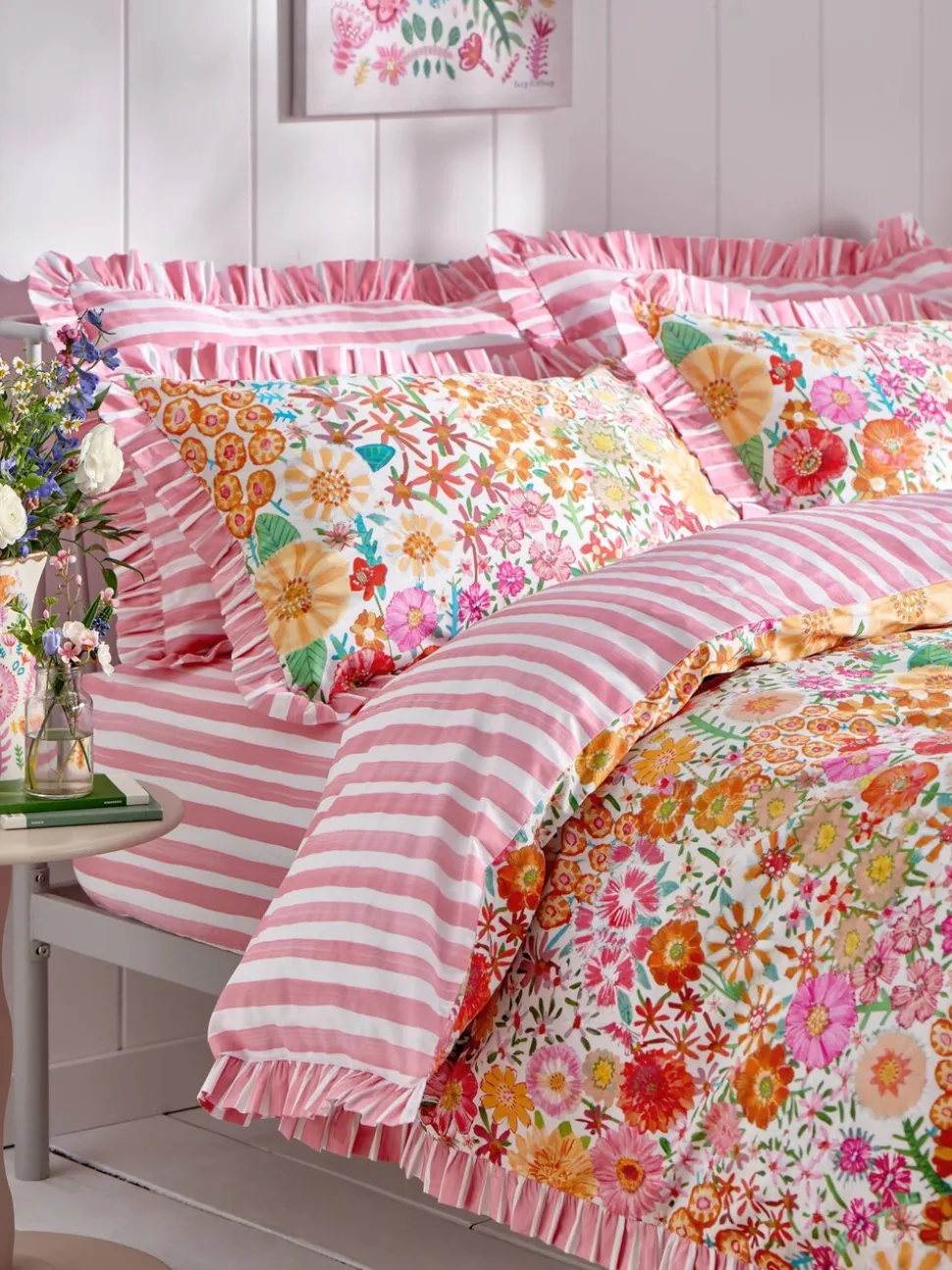 Lucy Tiffney set van 180 -draads dekbedovertrek en kussensloop met ruches