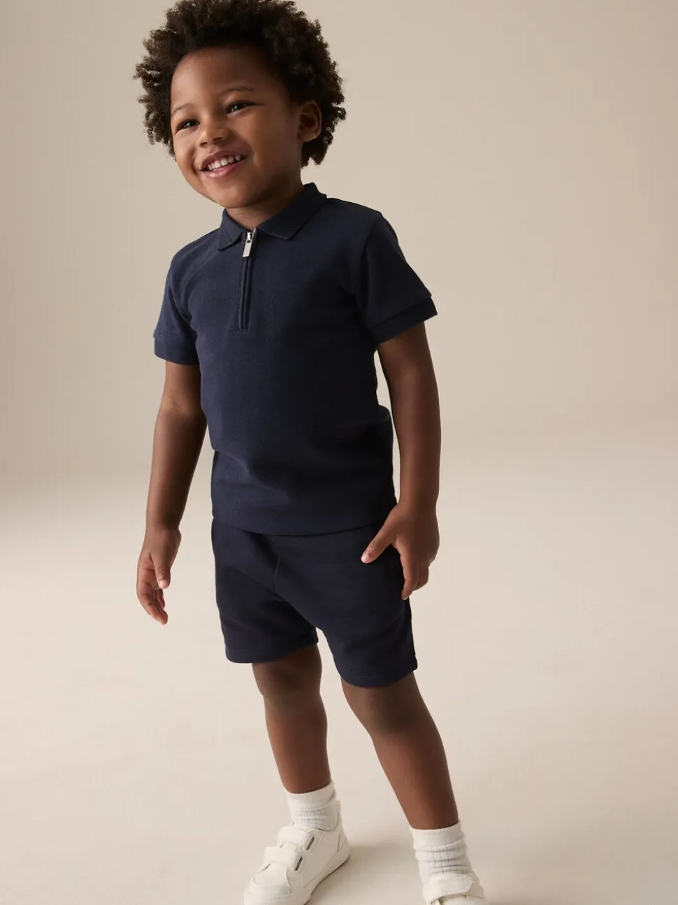 Marinablauw getextureerd - Set van poloshirt met korte mouwen en short (3mnd-7jr)