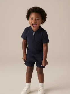 Marinablauw getextureerd - Set van poloshirt met korte mouwen en short (3mnd-7jr)