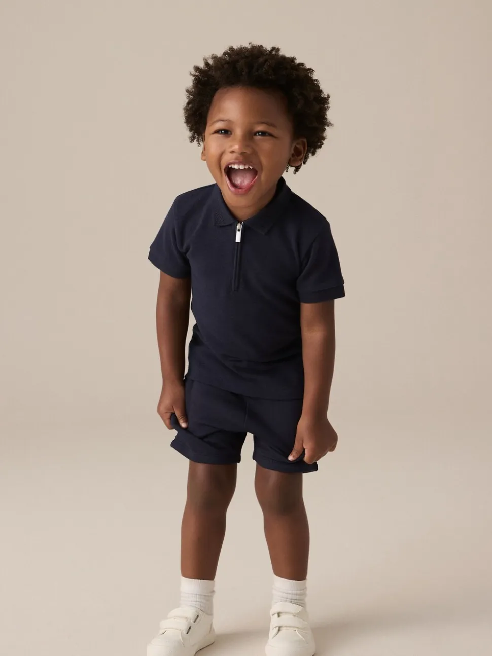 Marinablauw getextureerd - Set van poloshirt met korte mouwen en short (3mnd-7jr)