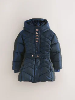Marineblauw - Baker by Ted Baker - Regenbestendige halfzware gevoerde jas met ceintuur