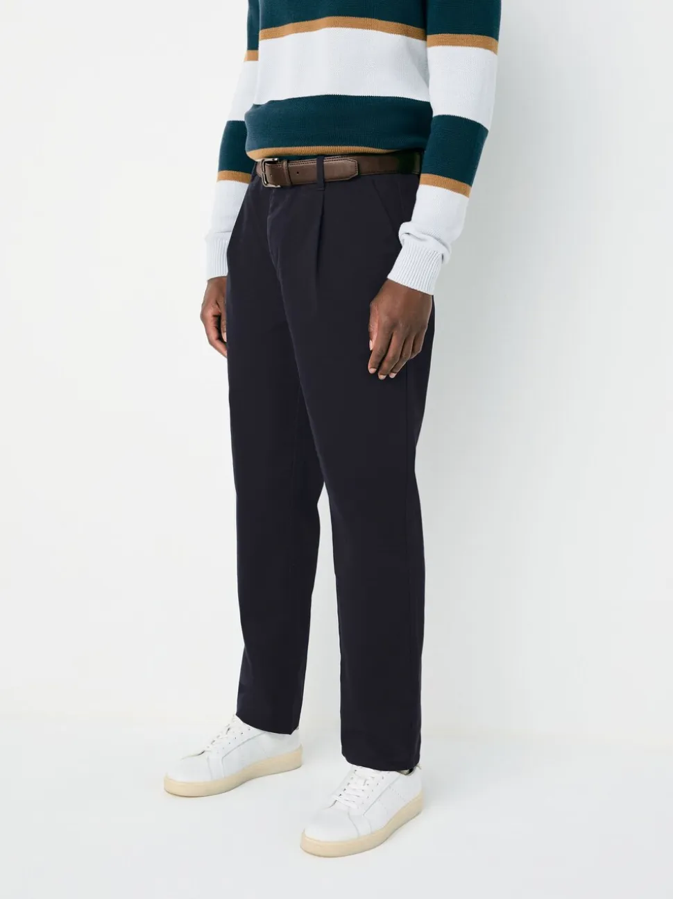 Marineblauw - Belted Soft Touch Pleated Chino Trousers