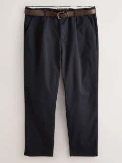 Marineblauw - Belted Soft Touch Pleated Chino Trousers