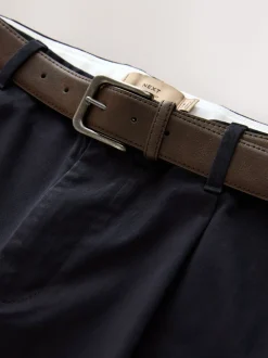 Marineblauw - Belted Soft Touch Pleated Chino Trousers