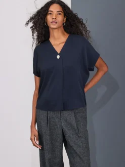Marineblauw - Blouse met V-hals en korte mouwen