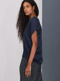 Marineblauw - Blouse met V-hals en korte mouwen