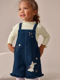 Marineblauw - Bunny Corduroy Dungarees Top and Tights Set (3mths-7yrs)