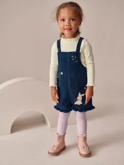 Marineblauw - Bunny Corduroy Dungarees Top and Tights Set (3mths-7yrs)