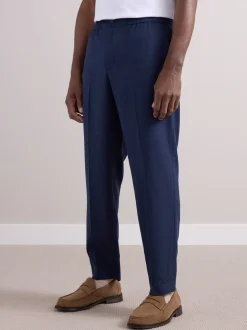 Marineblauw - Elasticated Waist Wool Rich Textured Formal Trousers
