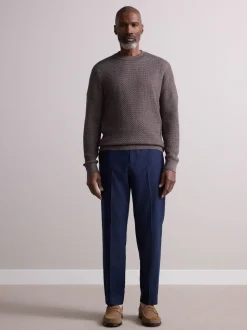 Marineblauw - Elasticated Waist Wool Rich Textured Formal Trousers