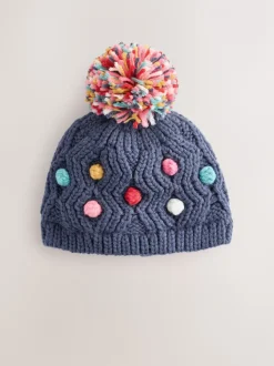 Marineblauw - Gebreide babymuts met vrolijke pompon (0mnd-2jr)