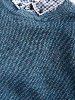 Marineblauw - Geruit overhemd en Trui met Ronde hals van 100% Katoen (3-16jr)