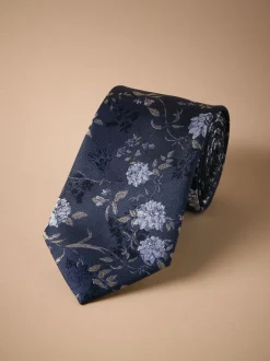 Marineblauw - Italiaanse zijden stropdas met bloemenprintontwerp