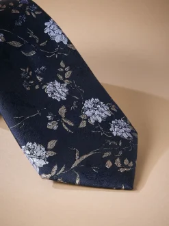Marineblauw - Italiaanse zijden stropdas met bloemenprintontwerp