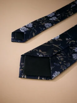 Marineblauw - Italiaanse zijden stropdas met bloemenprintontwerp