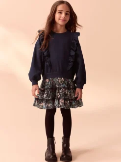 Marineblauw - Laura Ashley - Mock-sweatjurk met ruche