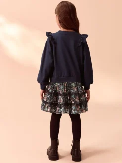 Marineblauw - Laura Ashley - Mock-sweatjurk met ruche