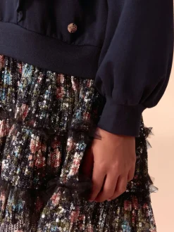 Marineblauw - Laura Ashley - Mock-sweatjurk met ruche