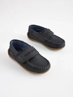 Marineblauw - Leren pennyloafers met klittenbandsluiting