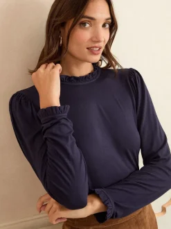 Marineblauw - Love & Roses jersey top met ruches aan de hals en lange mouwen