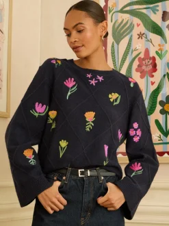 Marineblauw - Love & Roses Embroidered Detail Knitted Jumper
