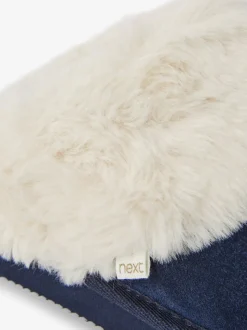 Marineblauw - Met imitatiebont gevoerde suède pantoffelmuiltjes