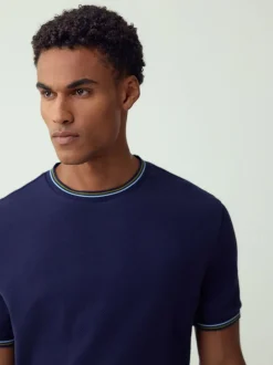 Marineblauw - Regular Fit & 100% Cotton Textured Tipped T-Shirt