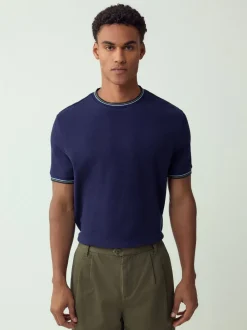 Marineblauw - Regular Fit & 100% Cotton Textured Tipped T-Shirt