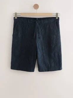 Marineblauw - Regular fit Nova Fides shorts van Italiaanse stof met gehaakt patroon