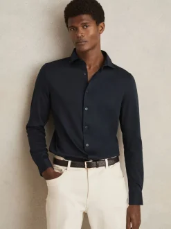 Marineblauw - Reiss Duke Air-Water Cotton Slim-Fit Shirt