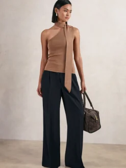 Marineblauw - Reiss Eden wijde broek van keperstof met elastische tailleband