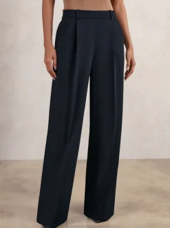Marineblauw - Reiss Eden wijde broek van keperstof met elastische tailleband