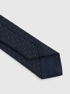 Marineblauw - Reiss zijden Liam stropdas met stippen