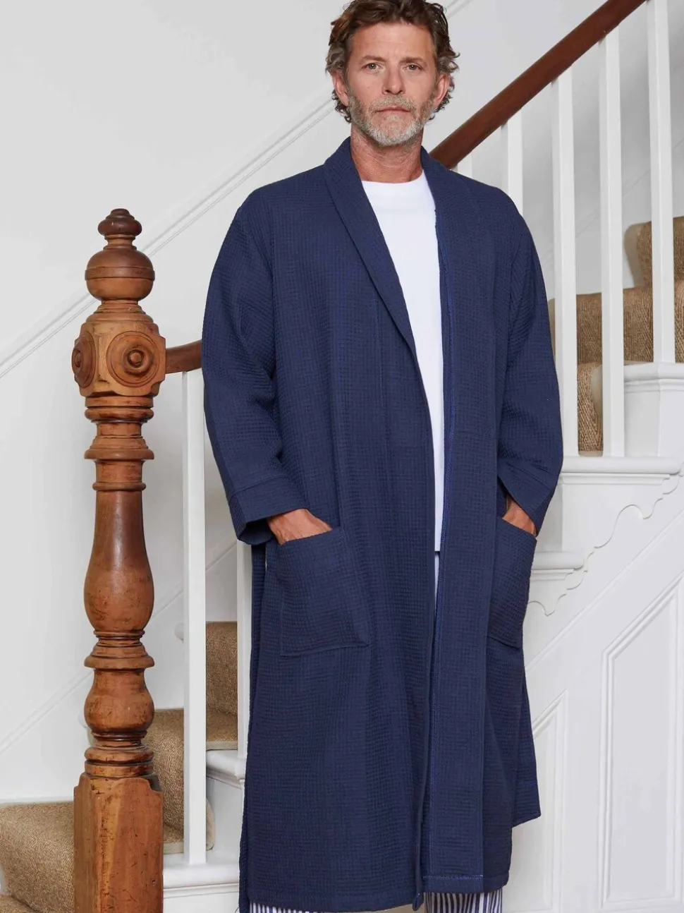 Marineblauw - Savile Row Company - Katoenen kamerjas met wafeldessin