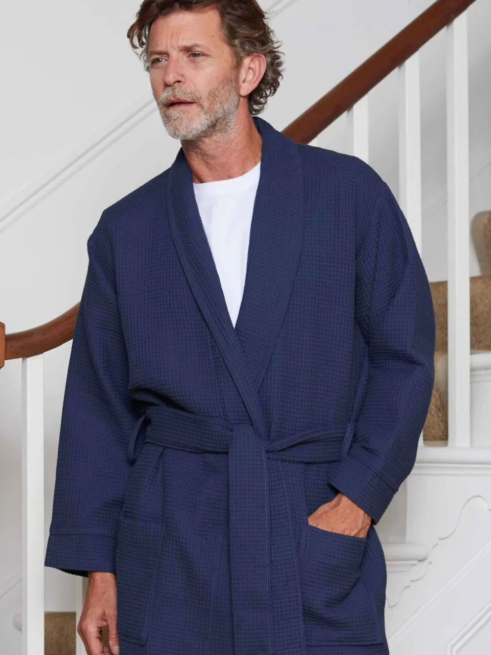 Marineblauw - Savile Row Company - Katoenen kamerjas met wafeldessin