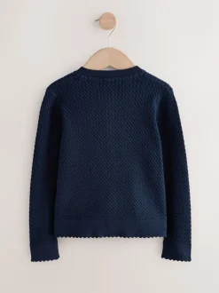 Marineblauw - Schoolvest met kabelmotief van katoen (3-16jr)
