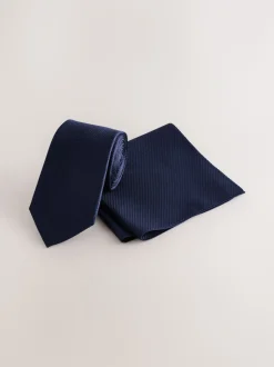 Marineblauw - Set met textuurrijke stropdas en pochet