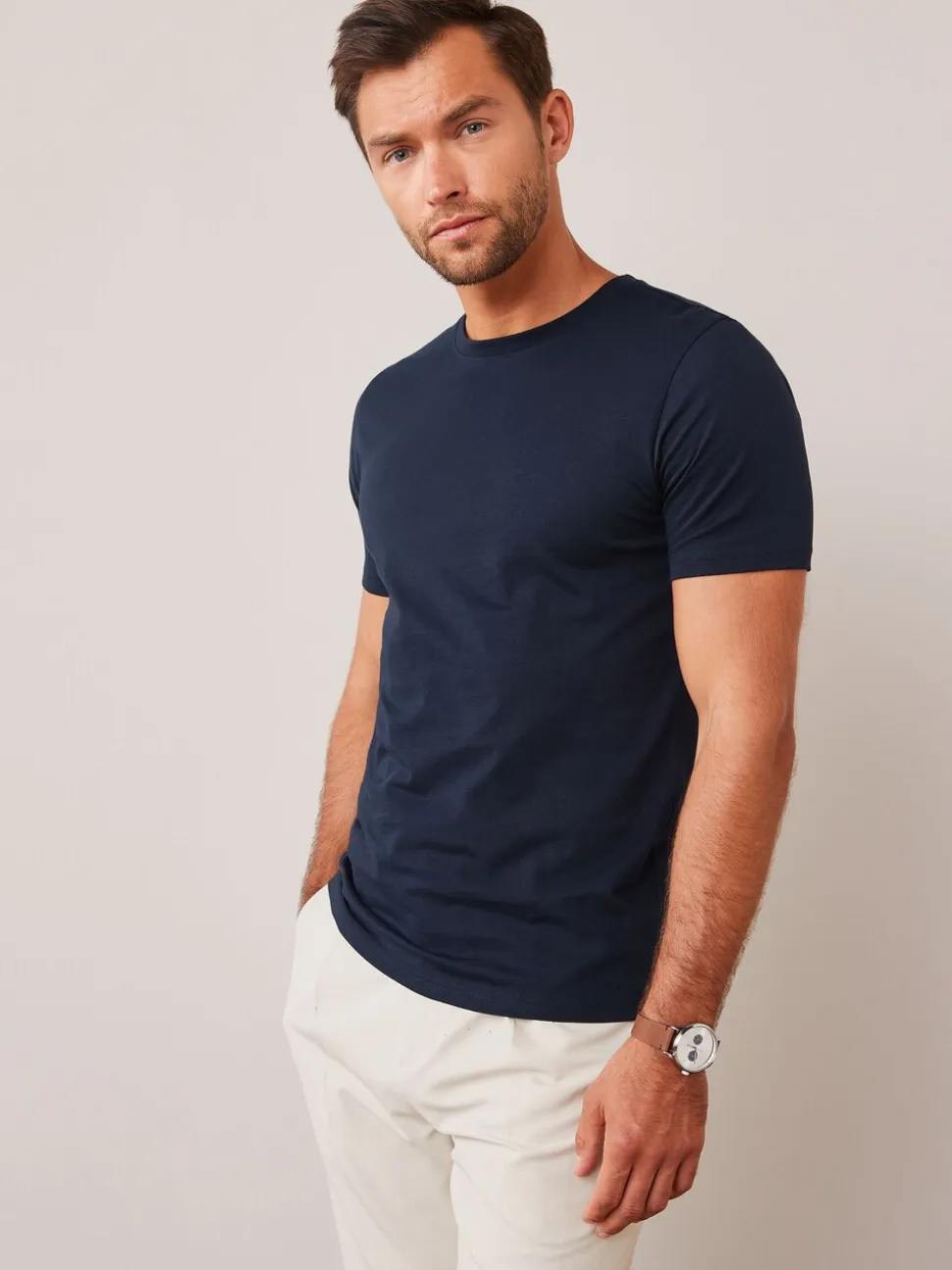 Marineblauw - Slim Fit - Essentieel katoenen T-shirt met ronde hals
