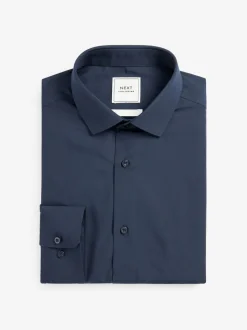 Marineblauw - Slim Fit - Strijkvrij net overhemd met enkele manchet