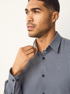 Marineblauw - Smart Cotton Rich Trimmed Textured Shirt