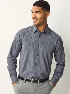 Marineblauw - Smart Cotton Rich Trimmed Textured Shirt
