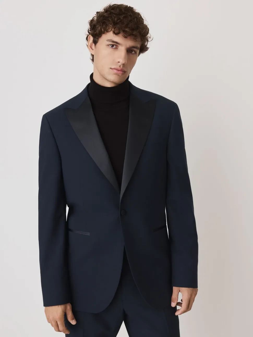 Marineblauw - Tailored Fit Wool Blend Motionflex Tuxedo Suit Jacket