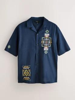 Marineblauw - Textured Embroidered Navajo Style Short Sleeve Shirt